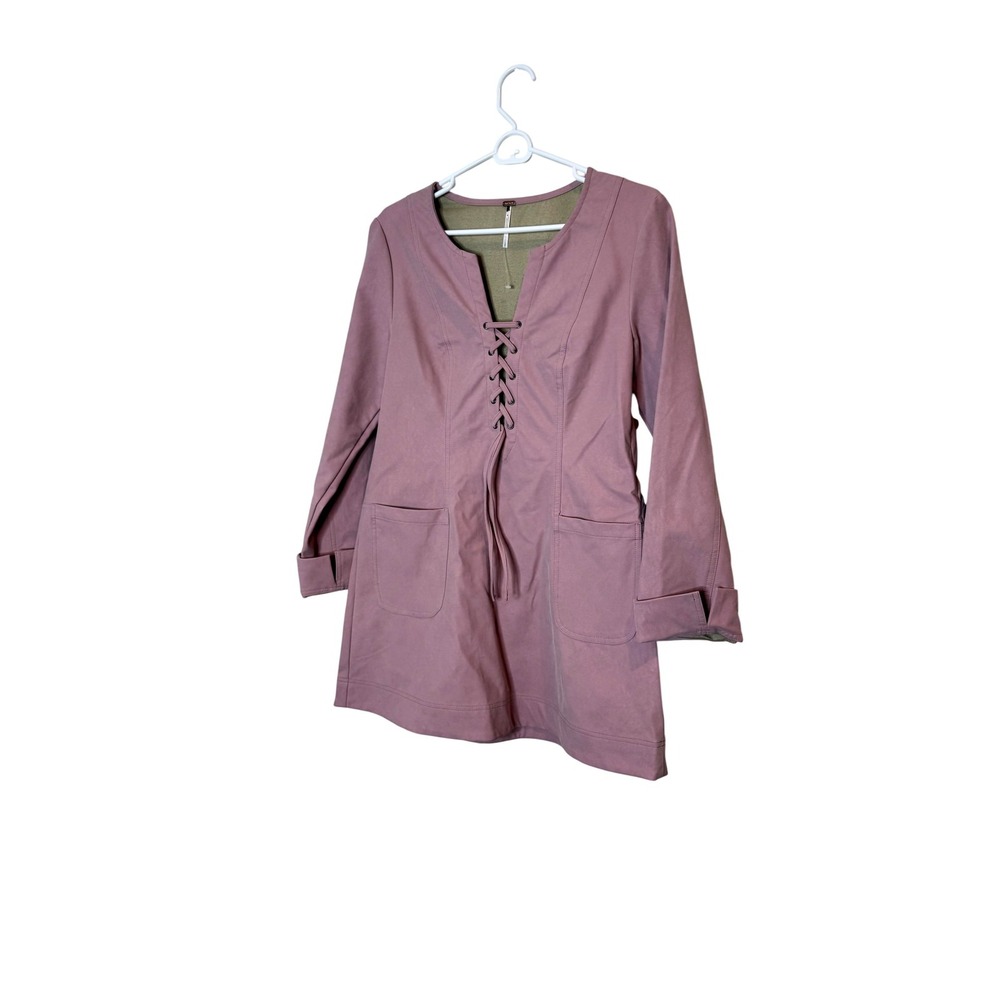 Free People Dress Womens Small Pink Faux Suede Lace Up‎ Mini Long Sleeve Boho